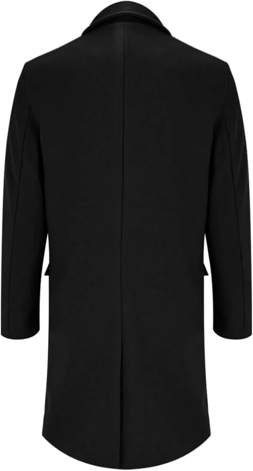 Men Wool Blend Single Breasted Overcoat Winter Slim Long Trench Coat Mid-Length Lightweight Notched Collar Jacket