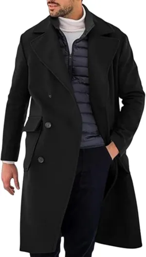 Men Wool Blend Single Breasted Overcoat Winter Slim Long Trench Coat Mid-Length Lightweight Notched Collar Jacket