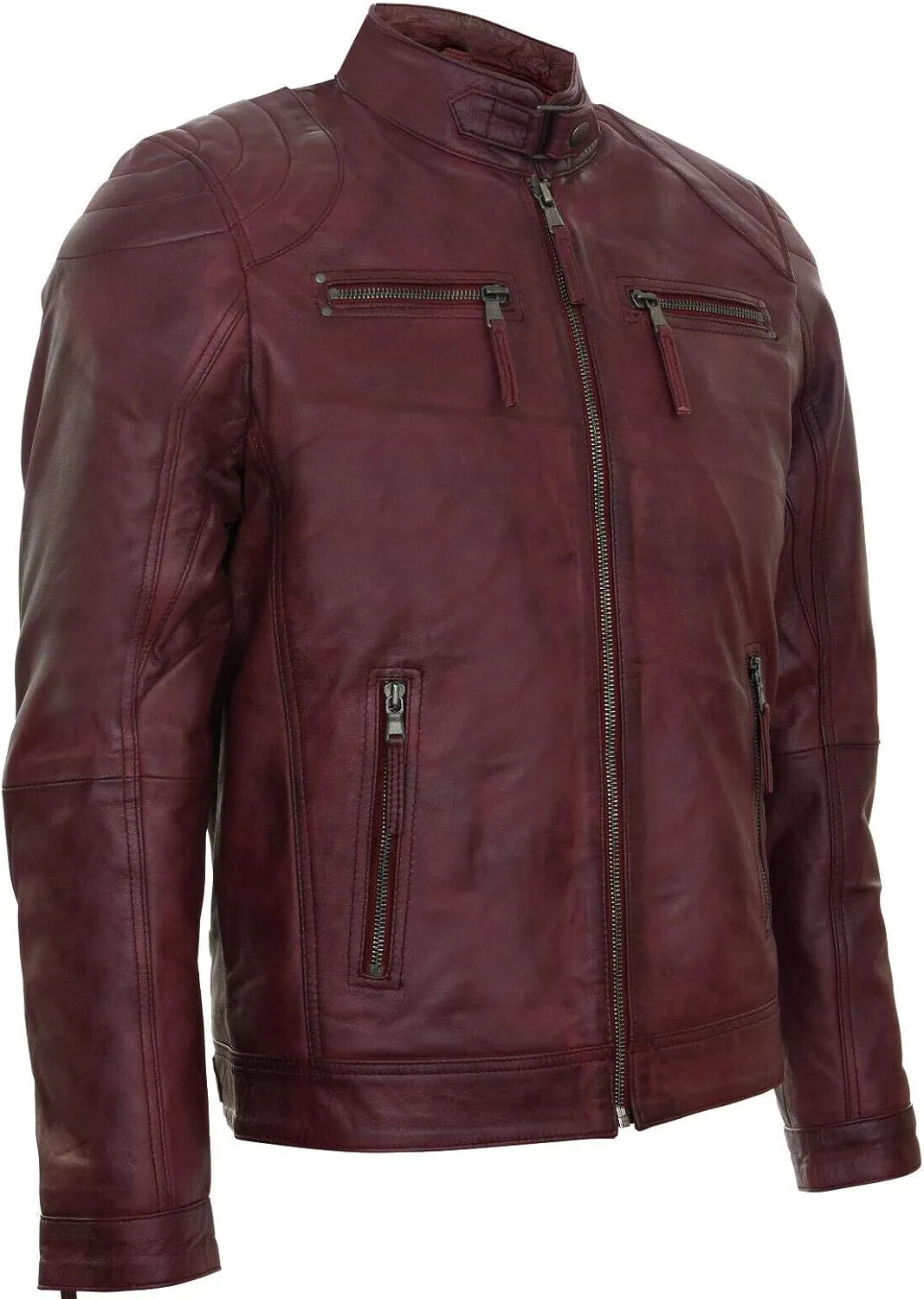 Men's 100% Real Leather Moto Racing Biker Fashion Motorcycle Zipped Jacket