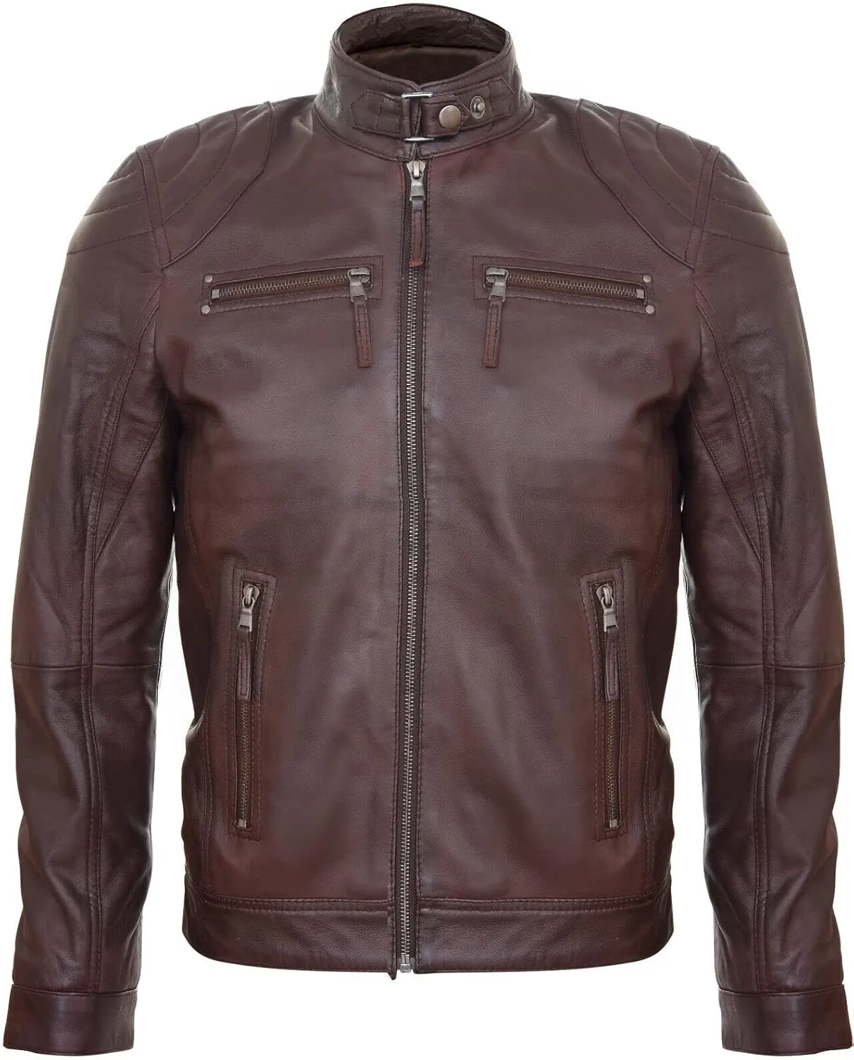 Men's 100% Real Leather Moto Racing Biker Fashion Motorcycle Zipped Jacket