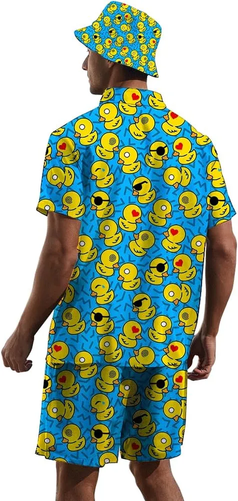 Mens 2 Piece Tracksuit Hawaiian Button Down Shirt and Compression Liner Shorts Sets with Bucket Hats
