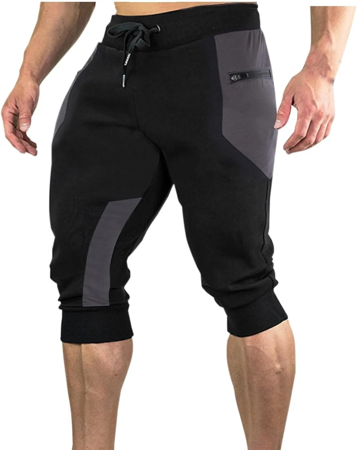 Men's 3/4 Joggers Capri Pants with Zipper Pockets Cotton Casual Below Knee Short Pants Training Running Workout Gym Shorts