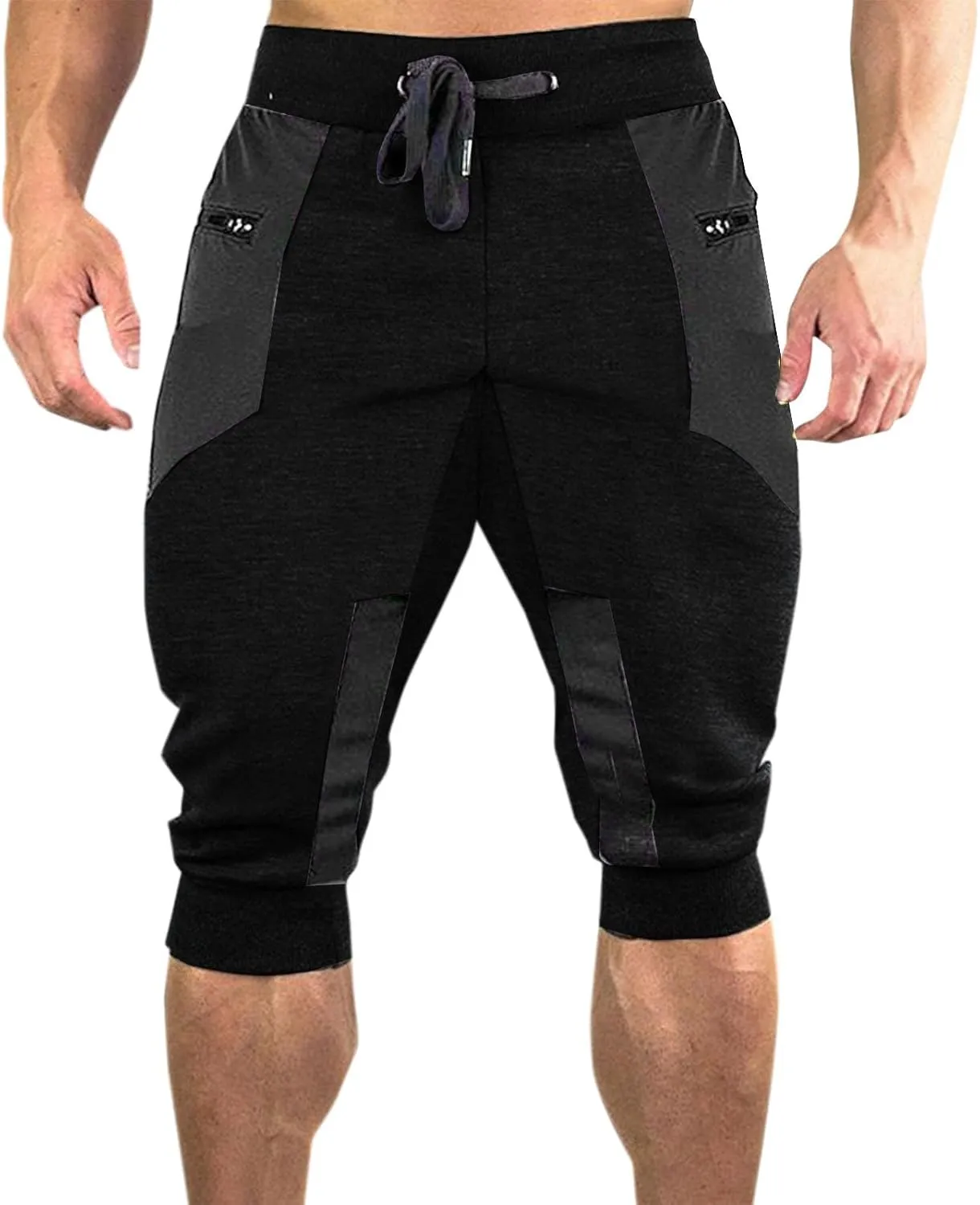 Men's 3/4 Joggers Capri Pants with Zipper Pockets Cotton Casual Below Knee Short Pants Training Running Workout Gym Shorts