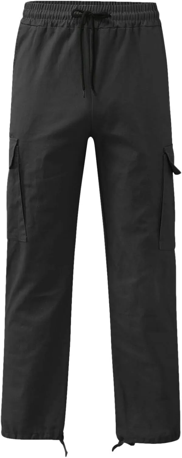 Mens Baggy Cargo Pants Elastic Waist Solid Color Straight Leg Casual Trousers Outdoor Hiking Pants with Flat Pockets