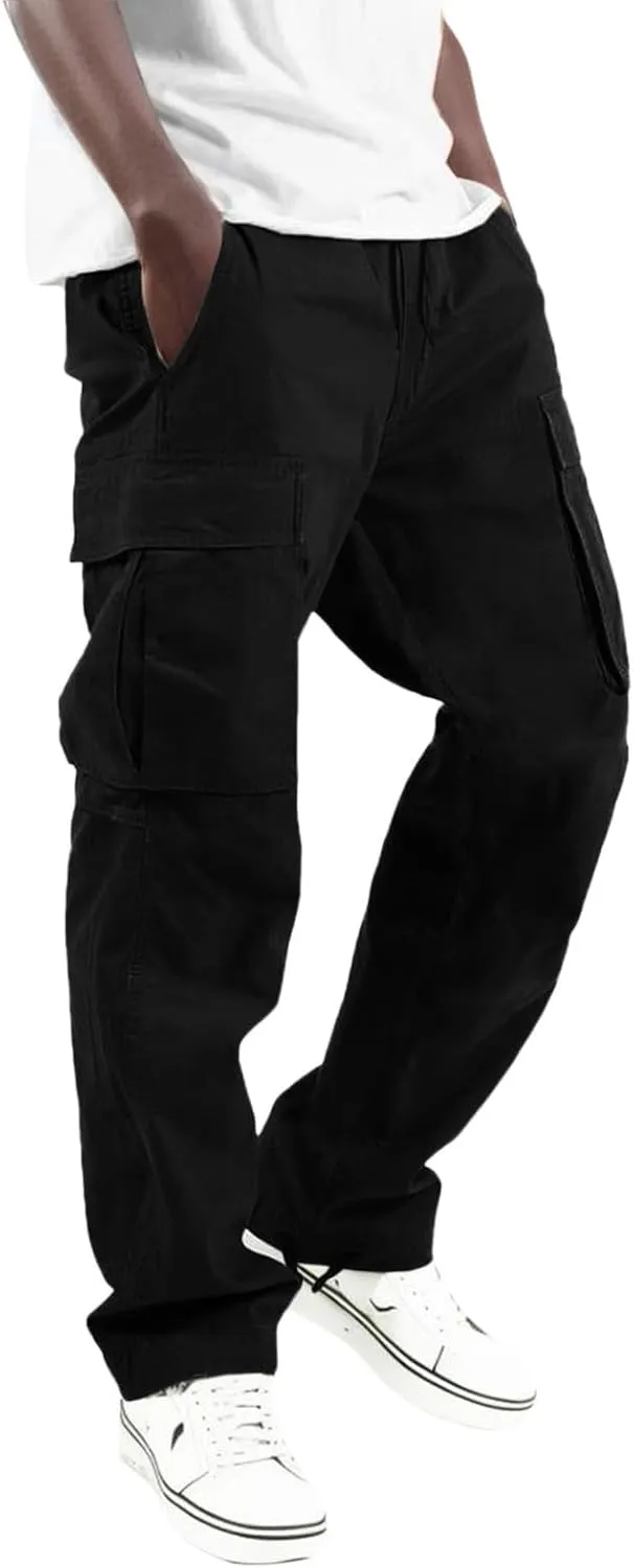 Mens Baggy Cargo Pants Elastic Waist Solid Color Straight Leg Casual Trousers Outdoor Hiking Pants with Flat Pockets