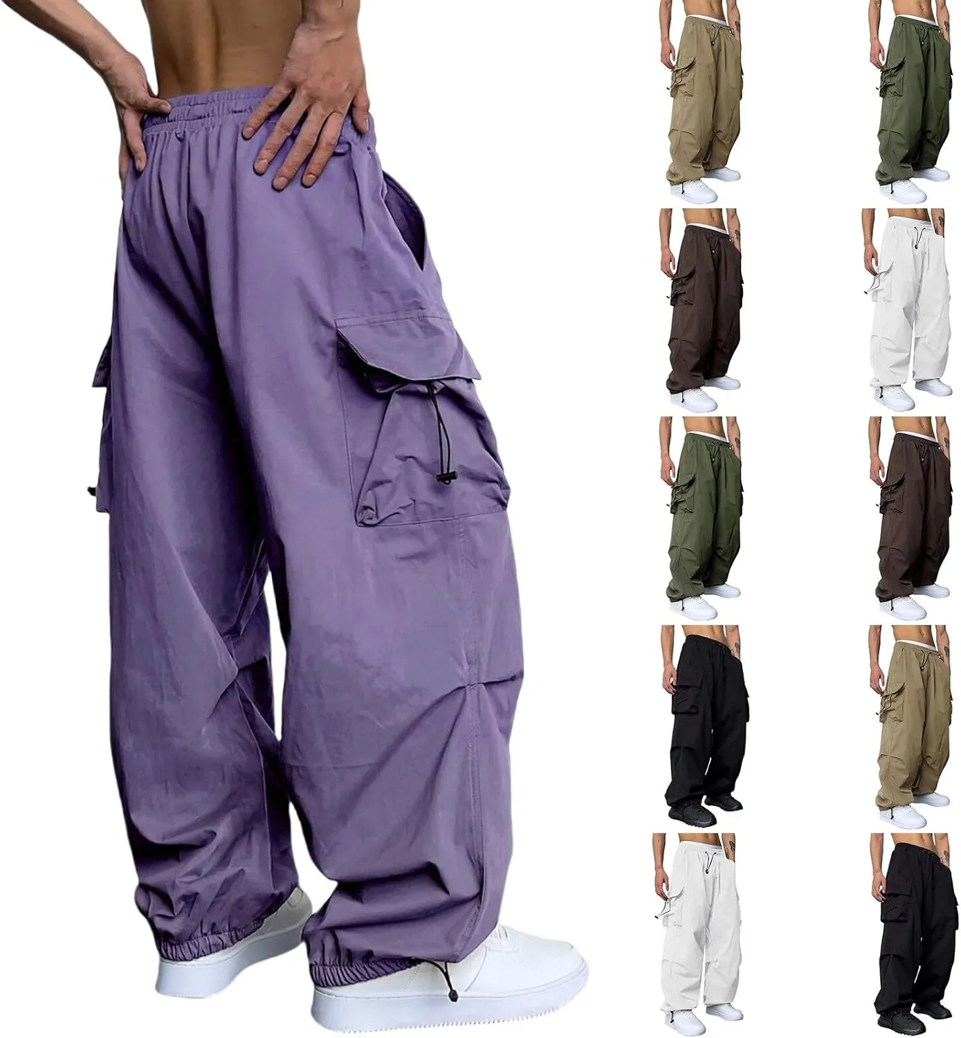 Mens Baggy Cargo Pants Loose Fit Trendy Multi Pocket Parachute Pants Elastic Waist Drawstring Streetwear Trousers