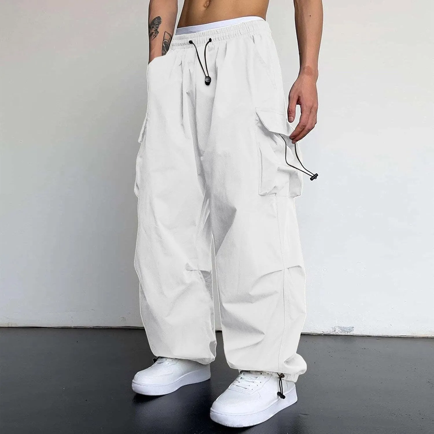 Mens Baggy Cargo Pants Loose Fit Trendy Multi Pocket Parachute Pants Elastic Waist Drawstring Streetwear Trousers