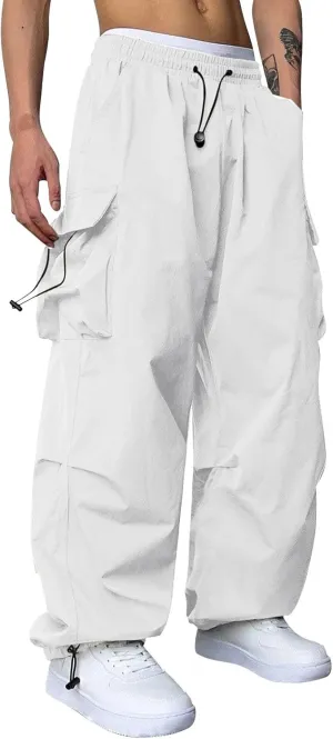 Mens Baggy Cargo Pants Loose Fit Trendy Multi Pocket Parachute Pants Elastic Waist Drawstring Streetwear Trousers
