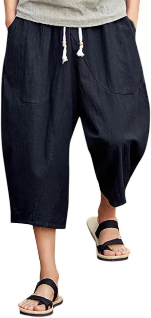 Mens Baggy Cotton Linen Harem Pants Causal Drawstring Elastic Waist 3/4 Capri Pants Lightweight Beach Cropped Trousers