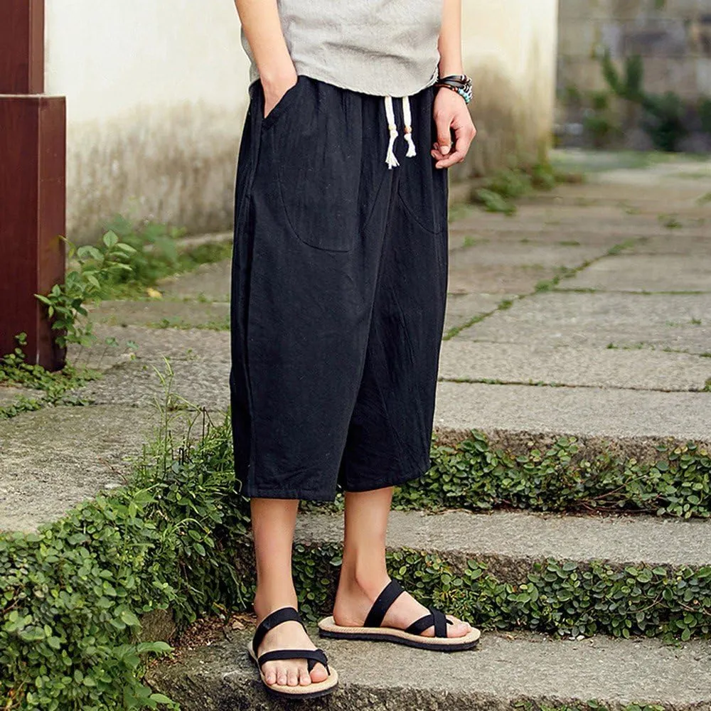Mens Baggy Cotton Linen Harem Pants Causal Drawstring Elastic Waist 3/4 Capri Pants Lightweight Beach Cropped Trousers