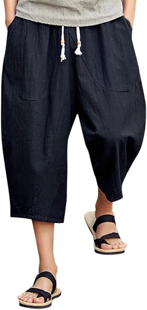 Mens Baggy Cotton Linen Harem Pants Causal Drawstring Elastic Waist 3/4 Capri Pants Lightweight Beach Cropped Trousers