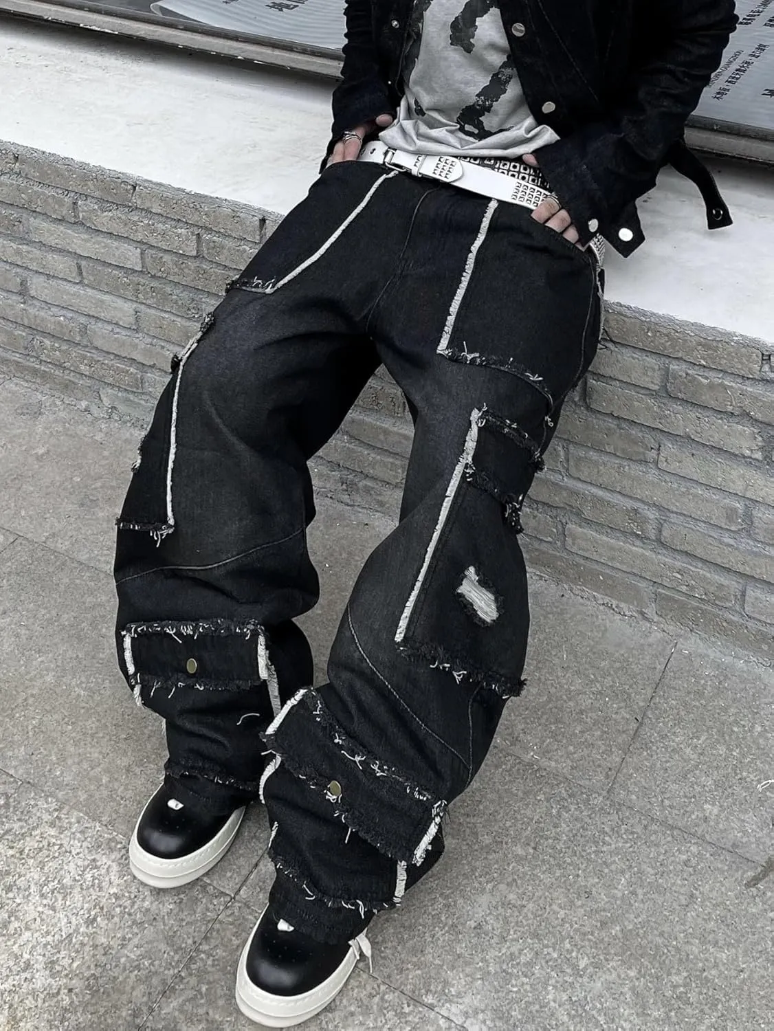 Mens Baggy Jeans Goth Steampunk Y2k Wide Leg Denim Pants with Cargo Pockets Skater Streetwear Punk Cargo Pants Trousers