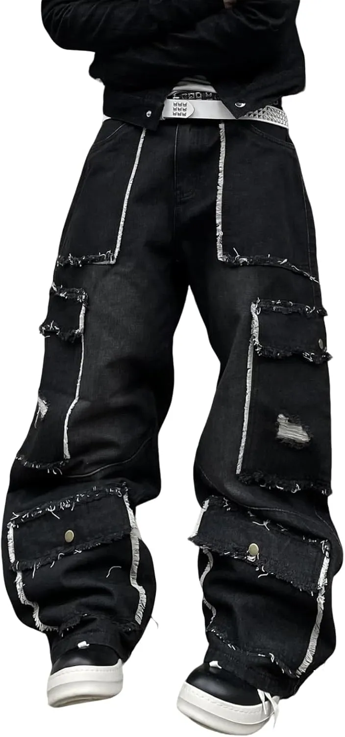 Mens Baggy Jeans Goth Steampunk Y2k Wide Leg Denim Pants with Cargo Pockets Skater Streetwear Punk Cargo Pants Trousers