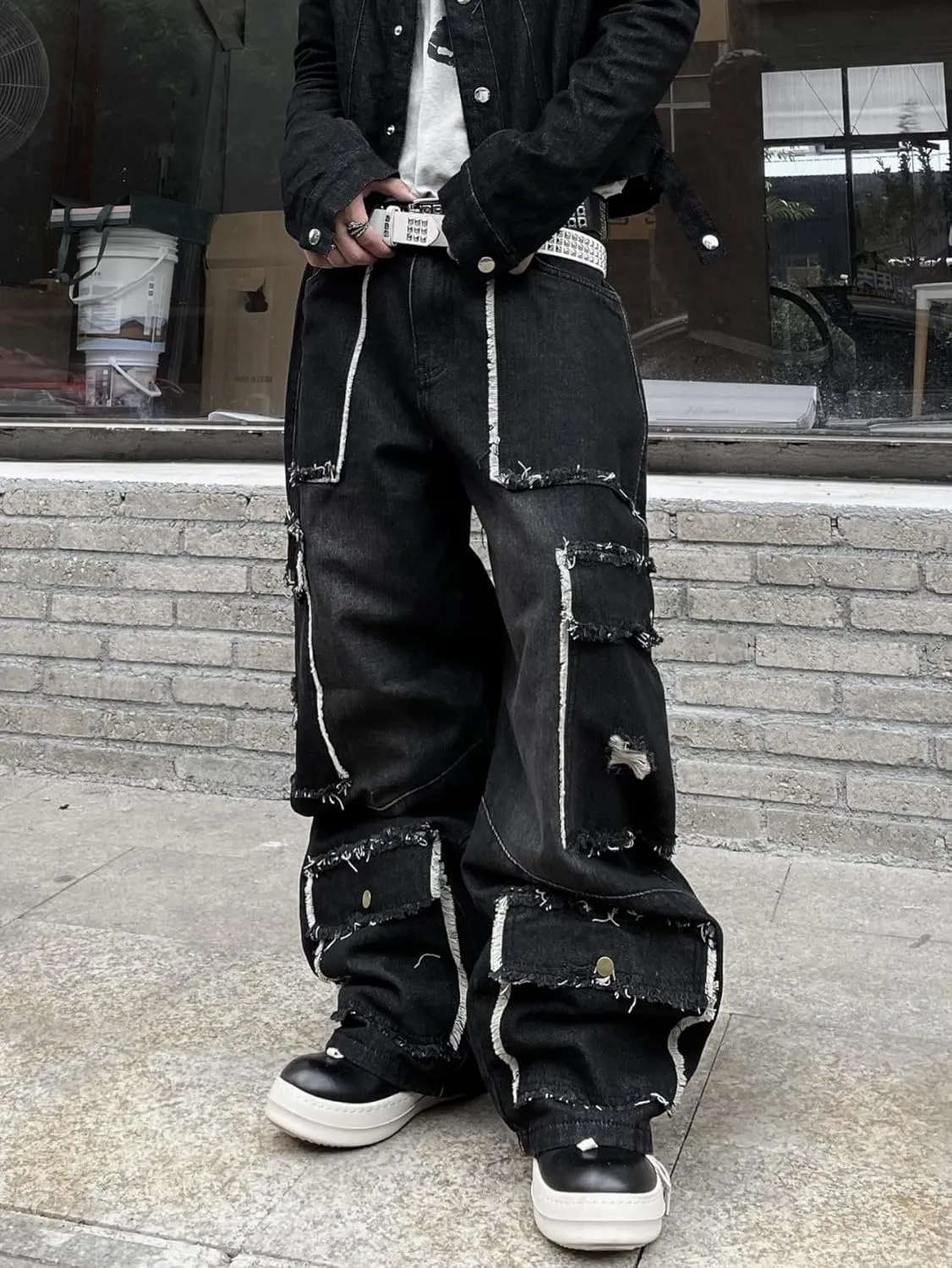 Mens Baggy Jeans Goth Steampunk Y2k Wide Leg Denim Pants with Cargo Pockets Skater Streetwear Punk Cargo Pants Trousers