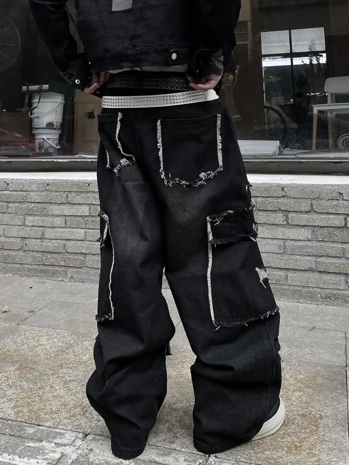 Mens Baggy Jeans Goth Steampunk Y2k Wide Leg Denim Pants with Cargo Pockets Skater Streetwear Punk Cargo Pants Trousers