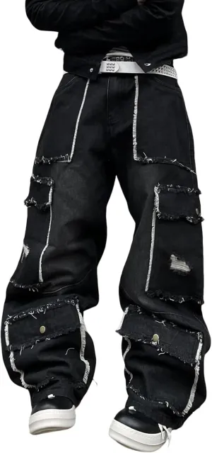 Mens Baggy Jeans Goth Steampunk Y2k Wide Leg Denim Pants with Cargo Pockets Skater Streetwear Punk Cargo Pants Trousers