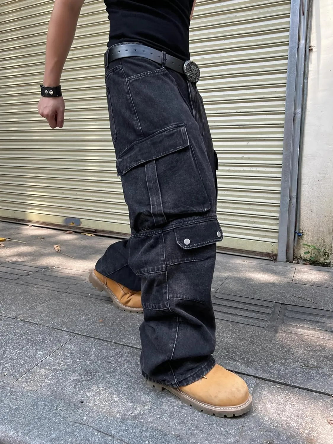 Mens Baggy Jeans with Cargo Pockets Goth Steampunk Y2k Wide Leg Denim Pants Skater Streetwear