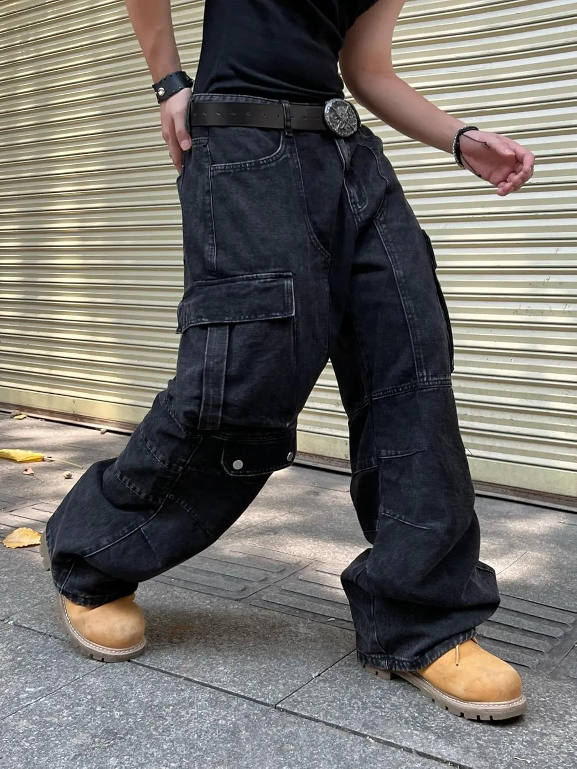 Mens Baggy Jeans with Cargo Pockets Goth Steampunk Y2k Wide Leg Denim Pants Skater Streetwear