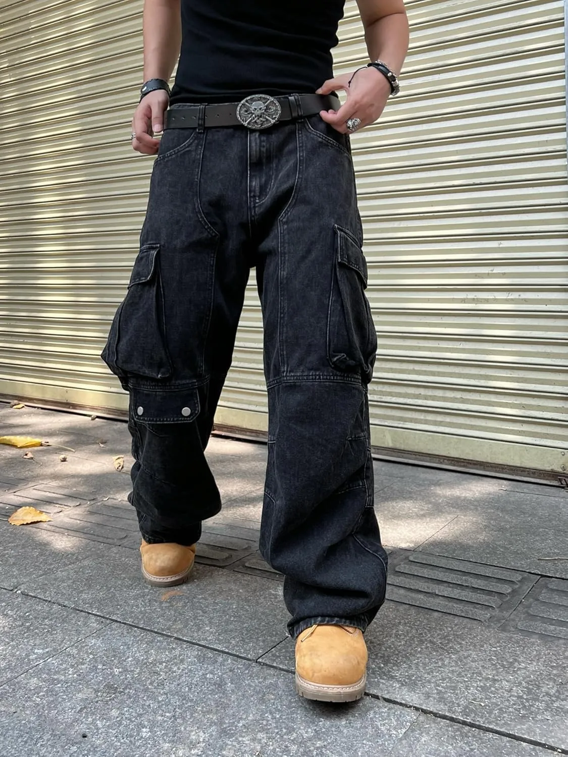 Mens Baggy Jeans with Cargo Pockets Goth Steampunk Y2k Wide Leg Denim Pants Skater Streetwear