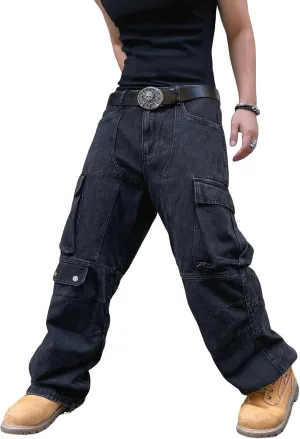 Mens Baggy Jeans with Cargo Pockets Goth Steampunk Y2k Wide Leg Denim Pants Skater Streetwear