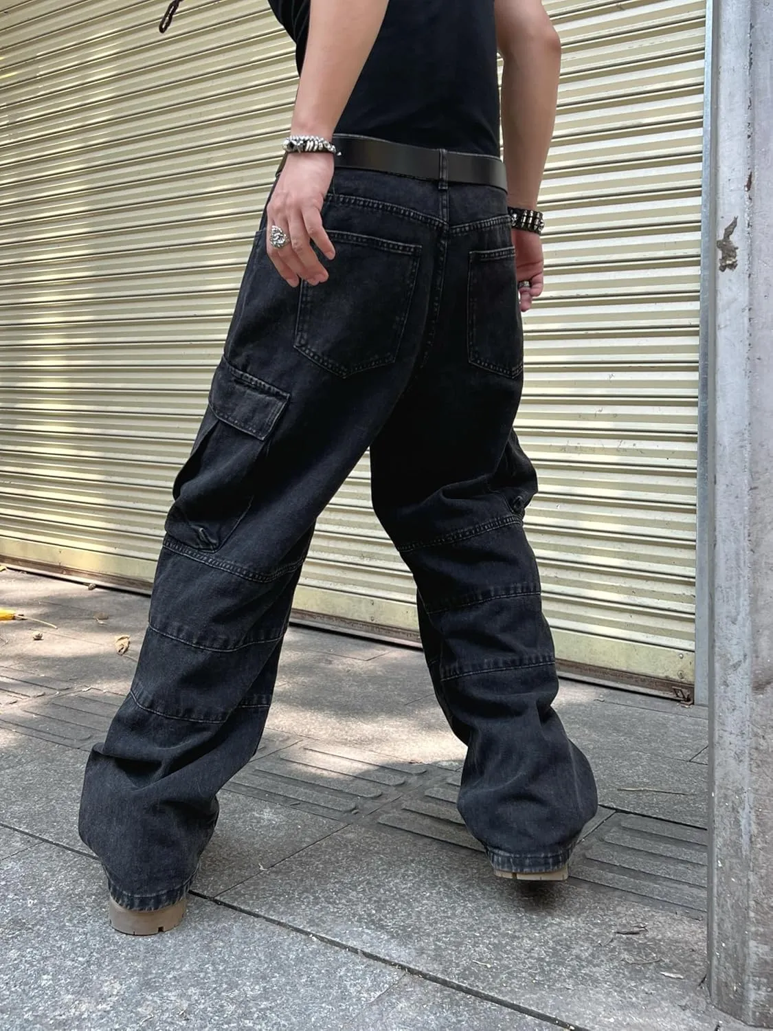 Mens Baggy Jeans with Cargo Pockets Goth Steampunk Y2k Wide Leg Denim Pants Skater Streetwear