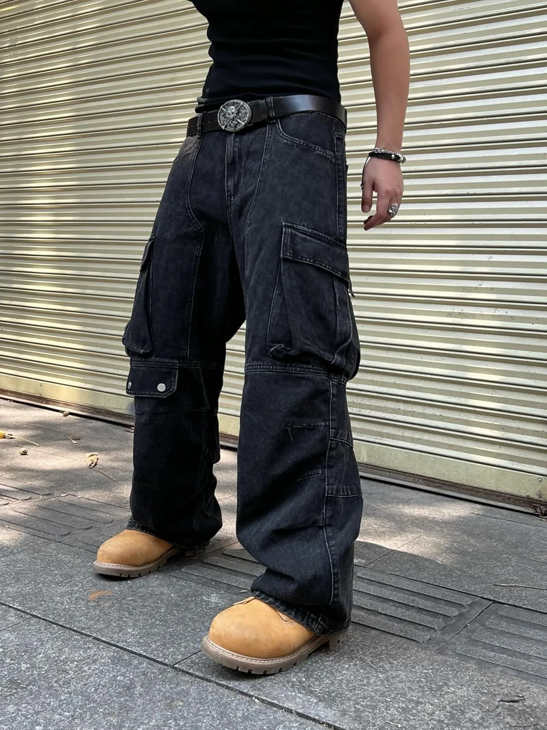 Mens Baggy Jeans with Cargo Pockets Goth Steampunk Y2k Wide Leg Denim Pants Skater Streetwear