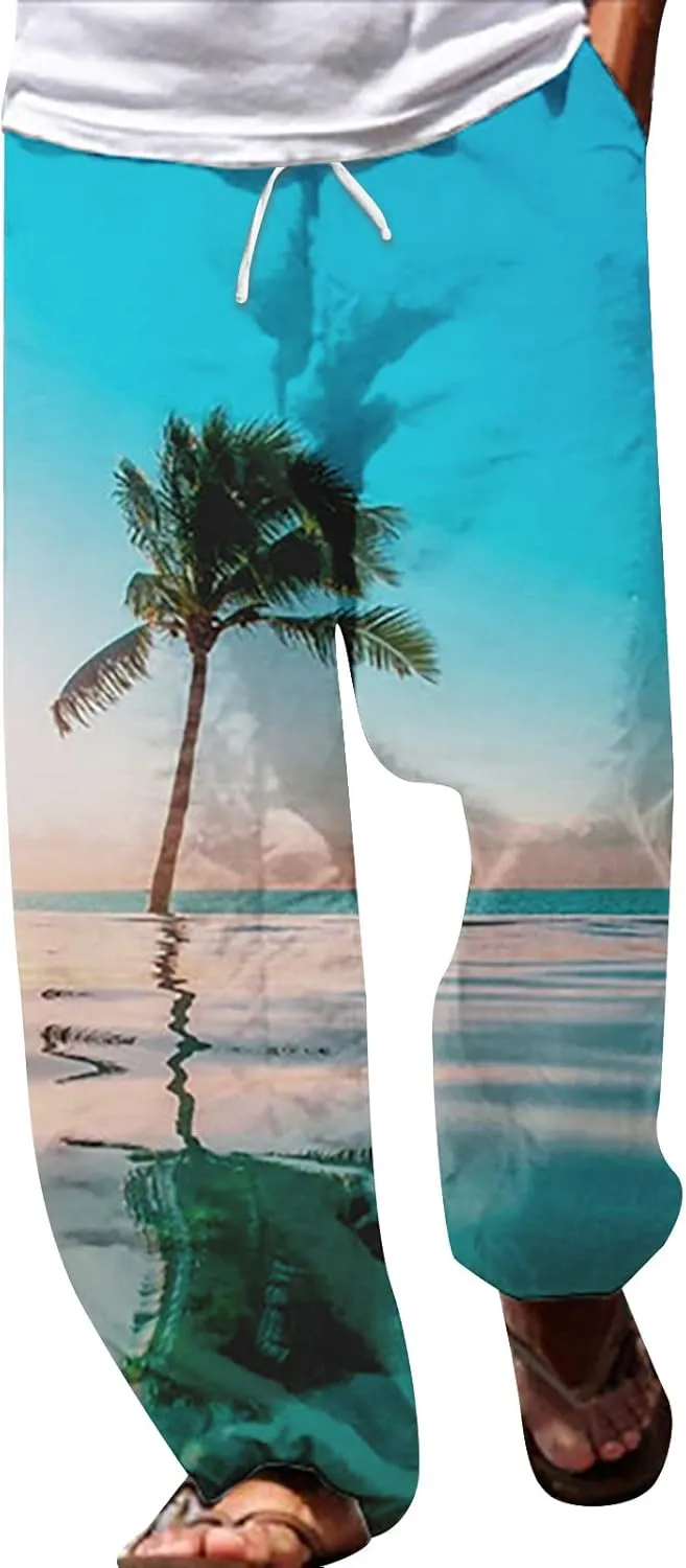 Mens Boho Harem Gaucho Pants Drastring Baggy Coconut Tree Print Summer Pants Lightweight Casual Yoga Beach Trousers