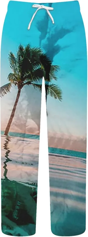Mens Boho Harem Gaucho Pants Drastring Baggy Coconut Tree Print Summer Pants Lightweight Casual Yoga Beach Trousers