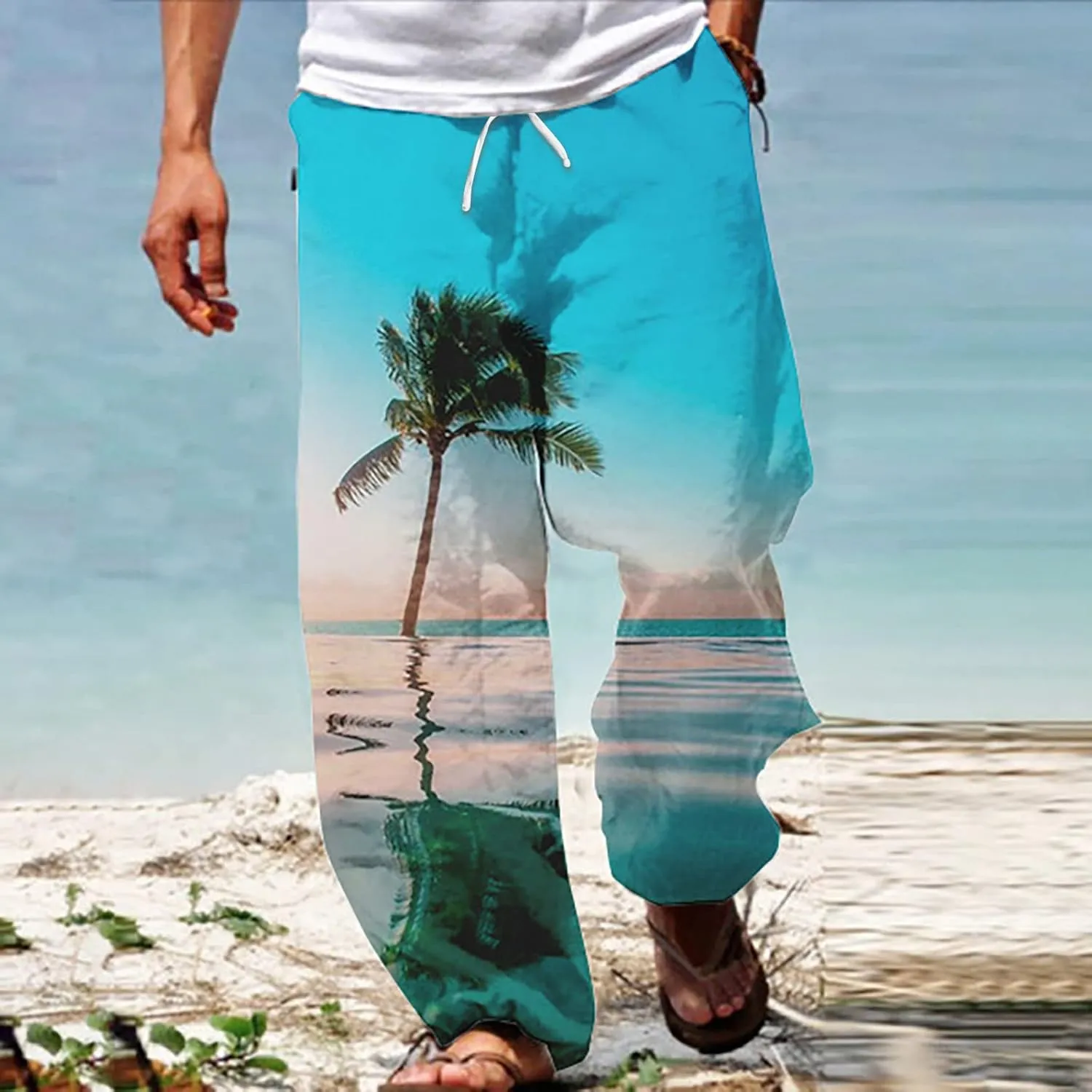 Mens Boho Harem Gaucho Pants Drastring Baggy Coconut Tree Print Summer Pants Lightweight Casual Yoga Beach Trousers