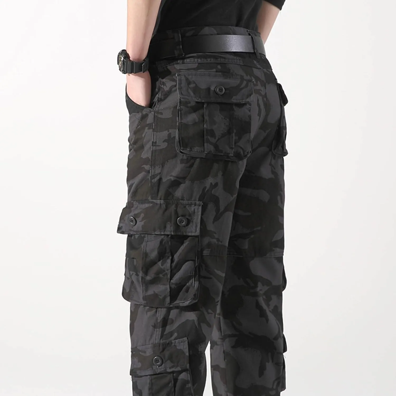 Mens Camo Cargo Pants Multi Button Pockets Flat Front Workout Hiking Pants Stretch Ripstop Outdoor Travel Trousers