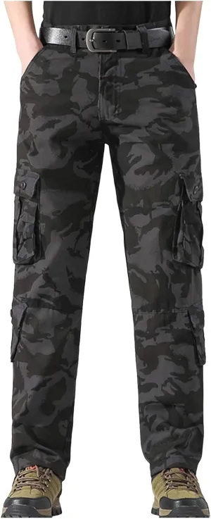 Mens Camo Cargo Pants Multi Button Pockets Flat Front Workout Hiking Pants Stretch Ripstop Outdoor Travel Trousers
