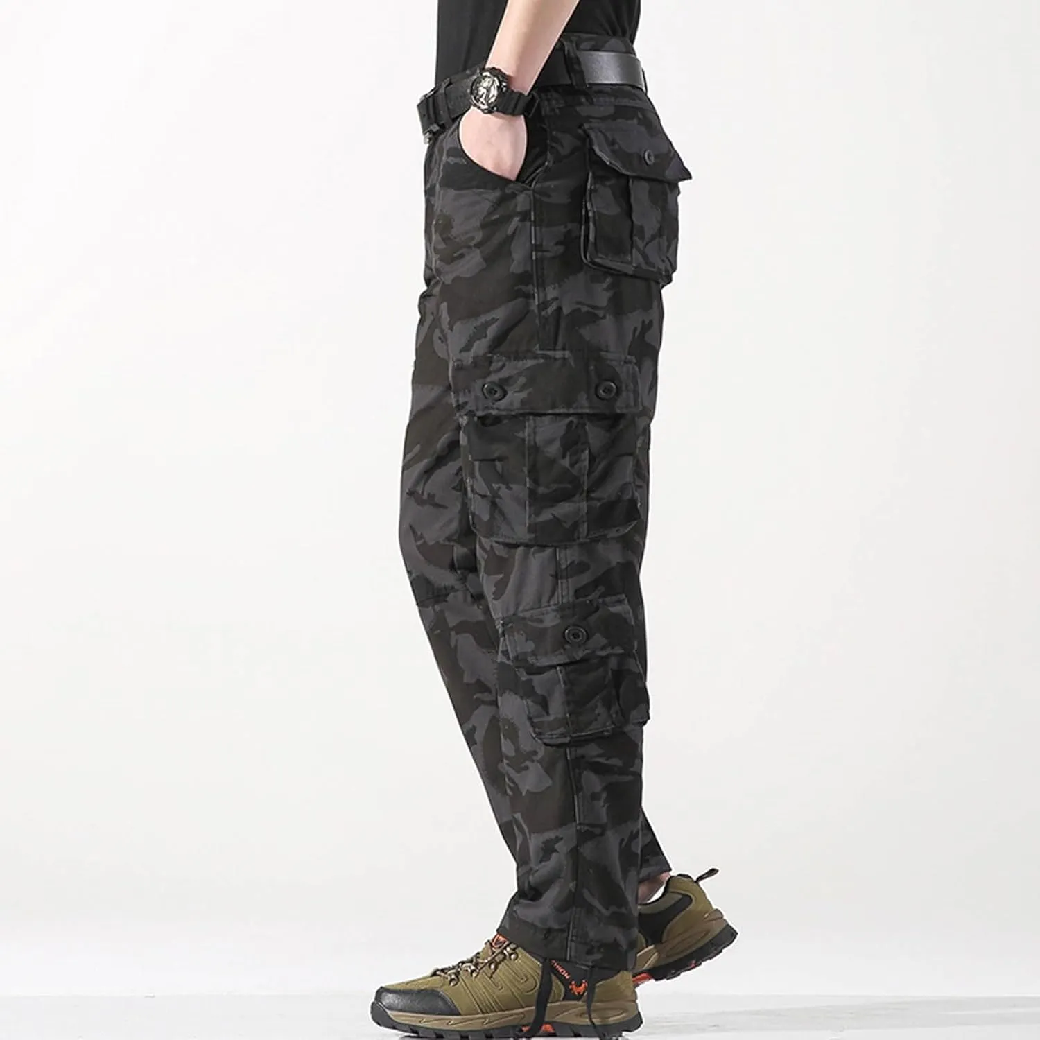 Mens Camo Cargo Pants Multi Button Pockets Flat Front Workout Hiking Pants Stretch Ripstop Outdoor Travel Trousers