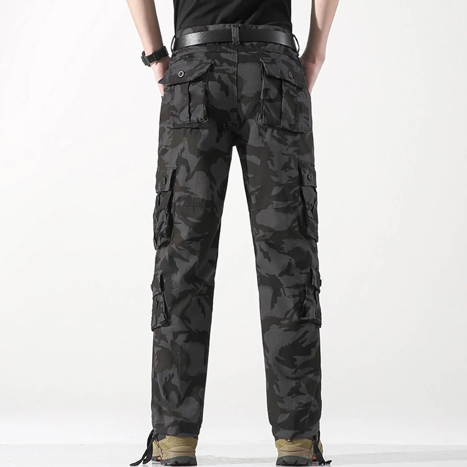 Mens Camo Cargo Pants Multi Button Pockets Flat Front Workout Hiking Pants Stretch Ripstop Outdoor Travel Trousers