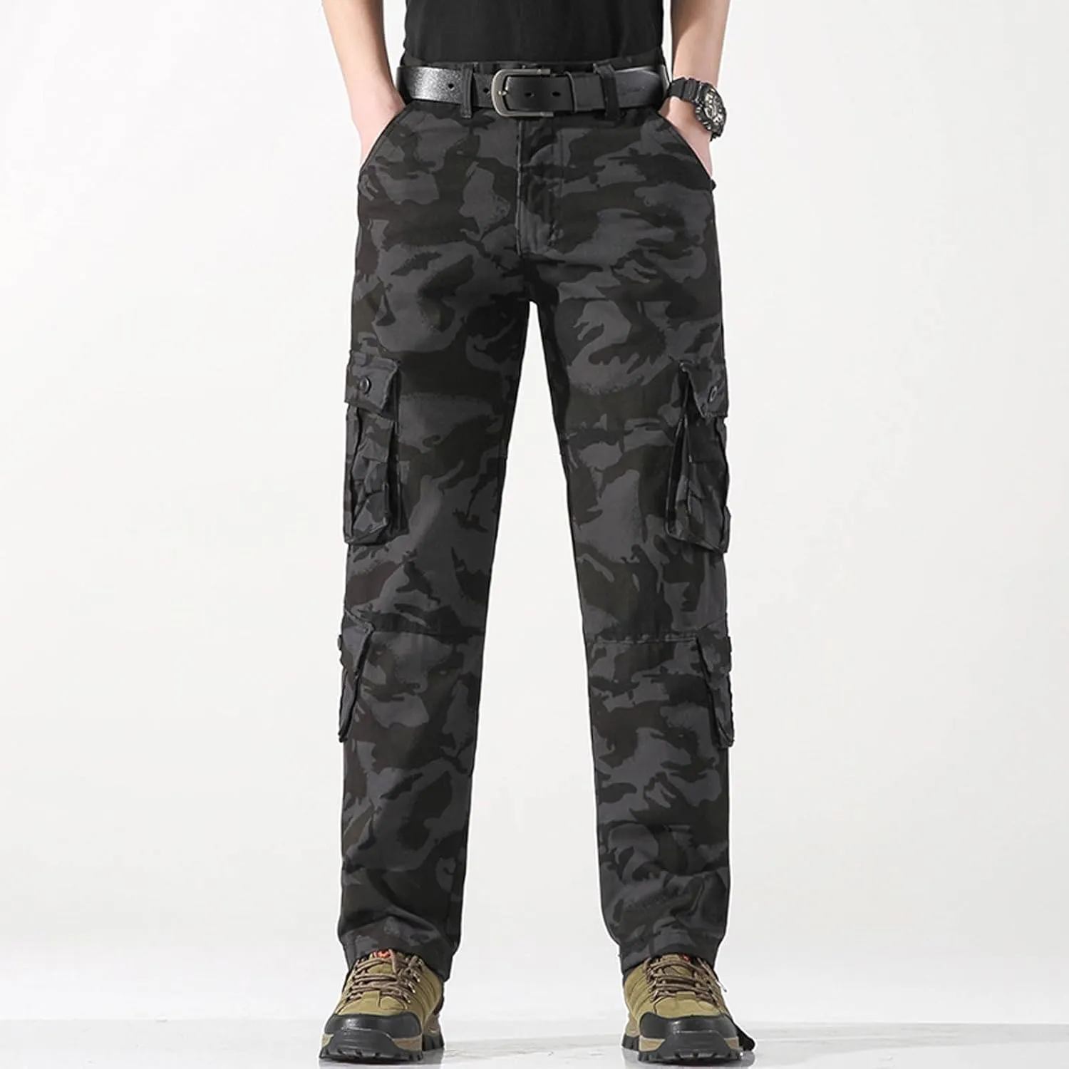 Mens Camo Cargo Pants Multi Button Pockets Flat Front Workout Hiking Pants Stretch Ripstop Outdoor Travel Trousers
