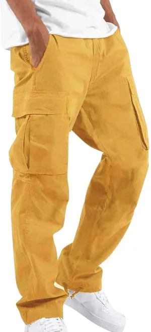 Men's Casual Cargo Pants Drawstring Hiking Pants Straight Leg Workout Tactical Joggers Sweatpants with Pockets