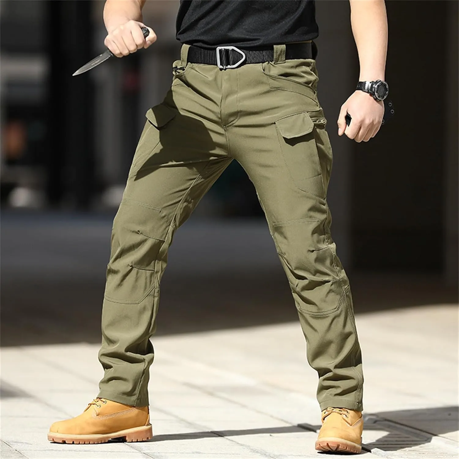 Men's Casual Cargo Pants Straight Leg Stretch Trousers Hiking Tactical Wild Loose-fit Outdoor Pants with Flap Pockets