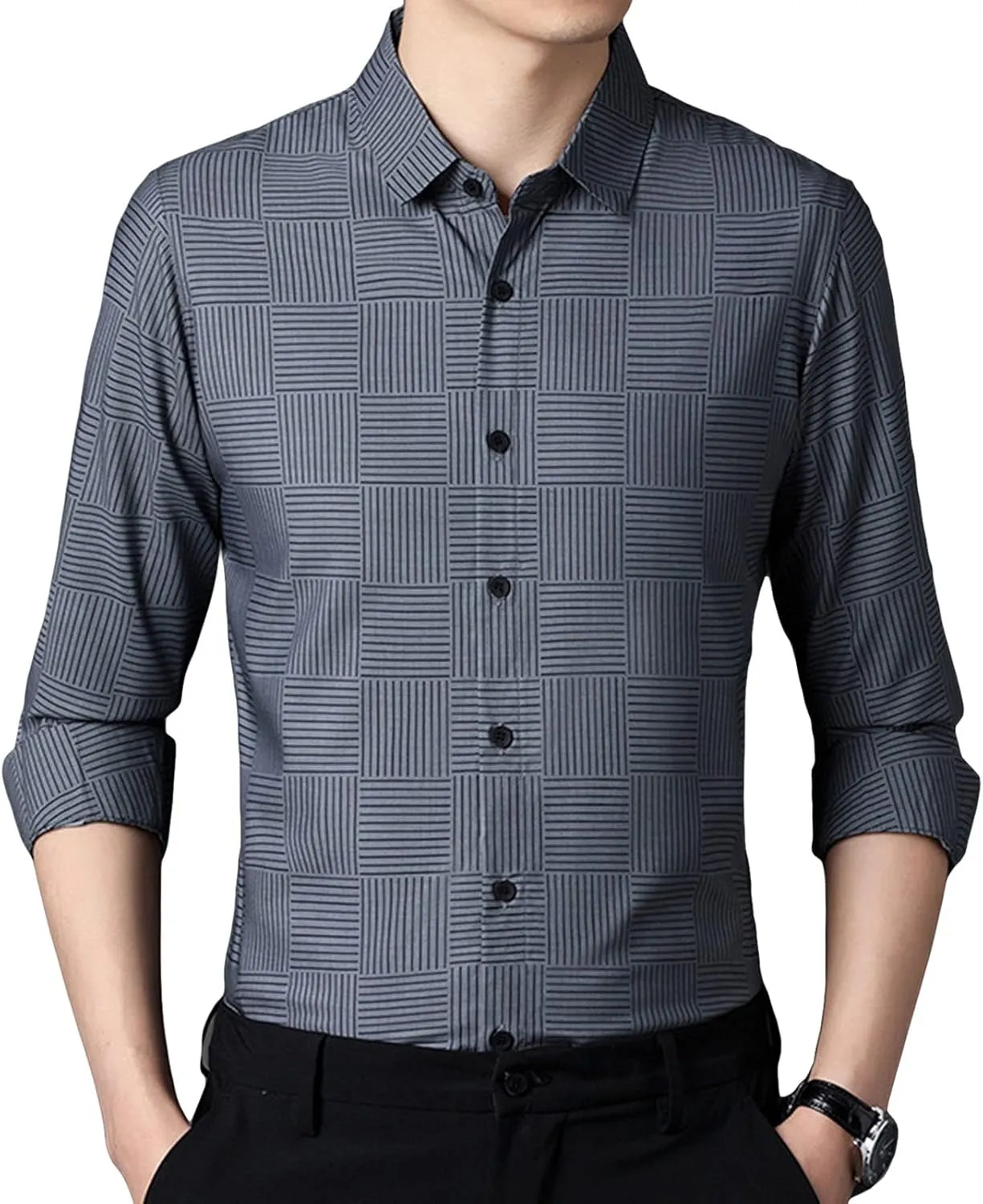 Men's Casual Striped Thin Ice Silk Shirt Regular Fit Button Down Dress Shirt Beach Striped Shirt Collar Top