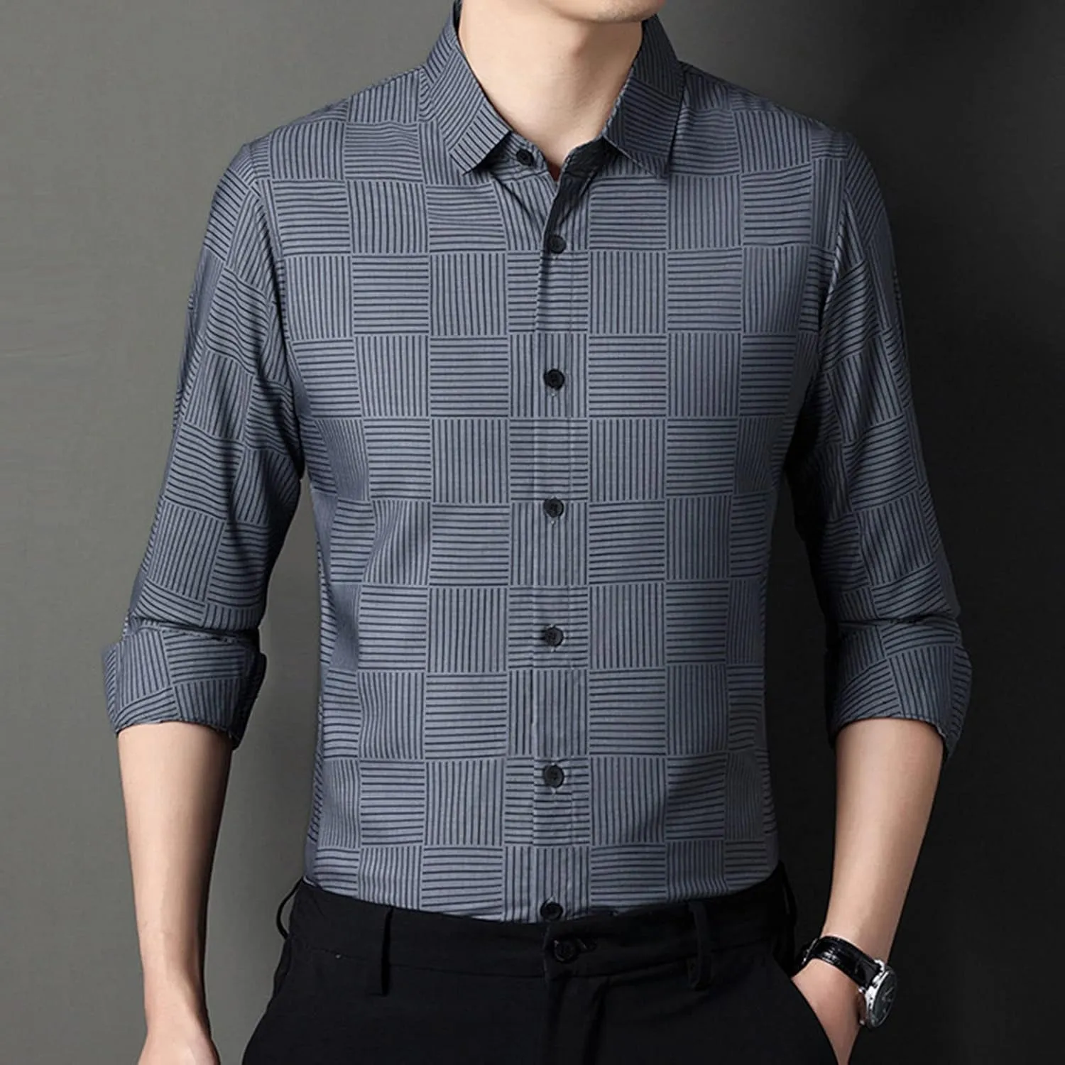 Men's Casual Striped Thin Ice Silk Shirt Regular Fit Button Down Dress Shirt Beach Striped Shirt Collar Top