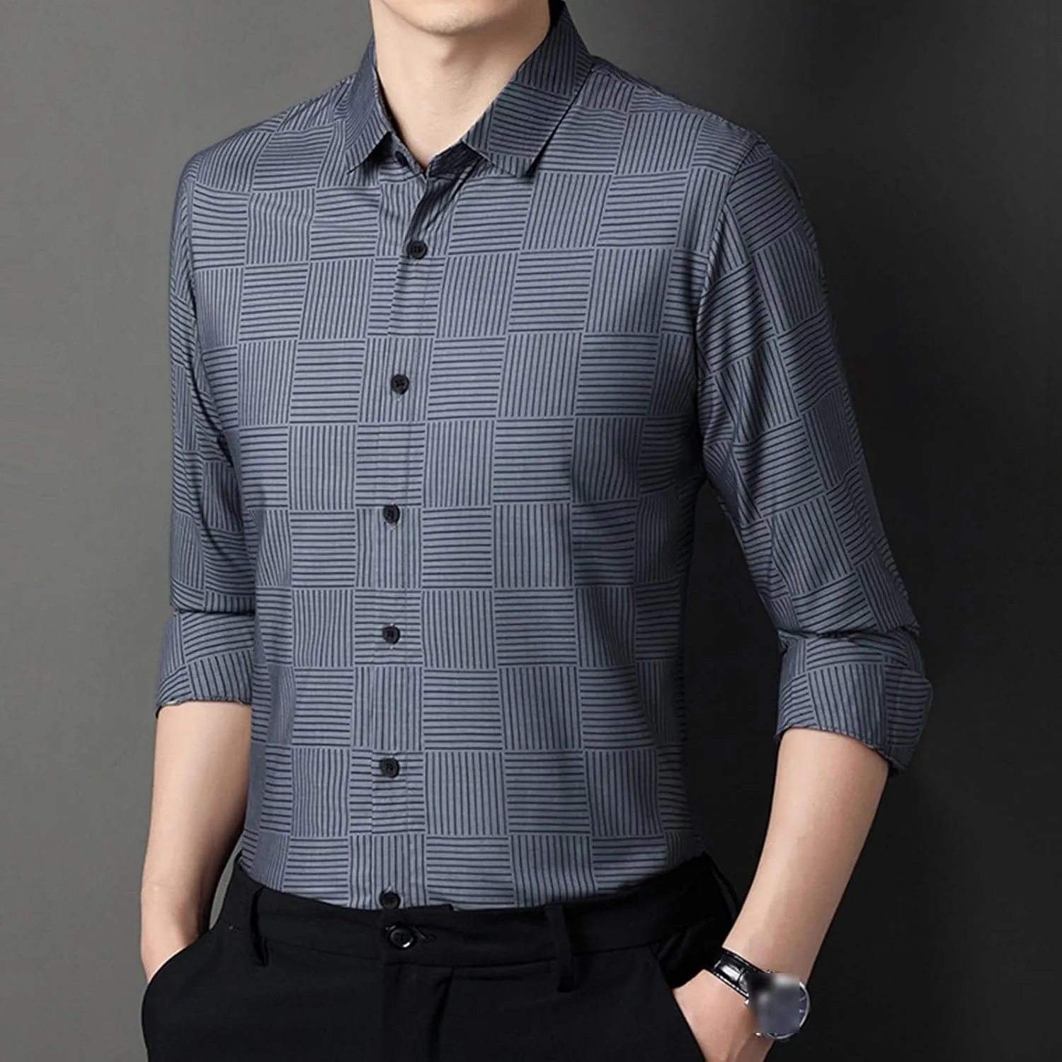 Men's Casual Striped Thin Ice Silk Shirt Regular Fit Button Down Dress Shirt Beach Striped Shirt Collar Top
