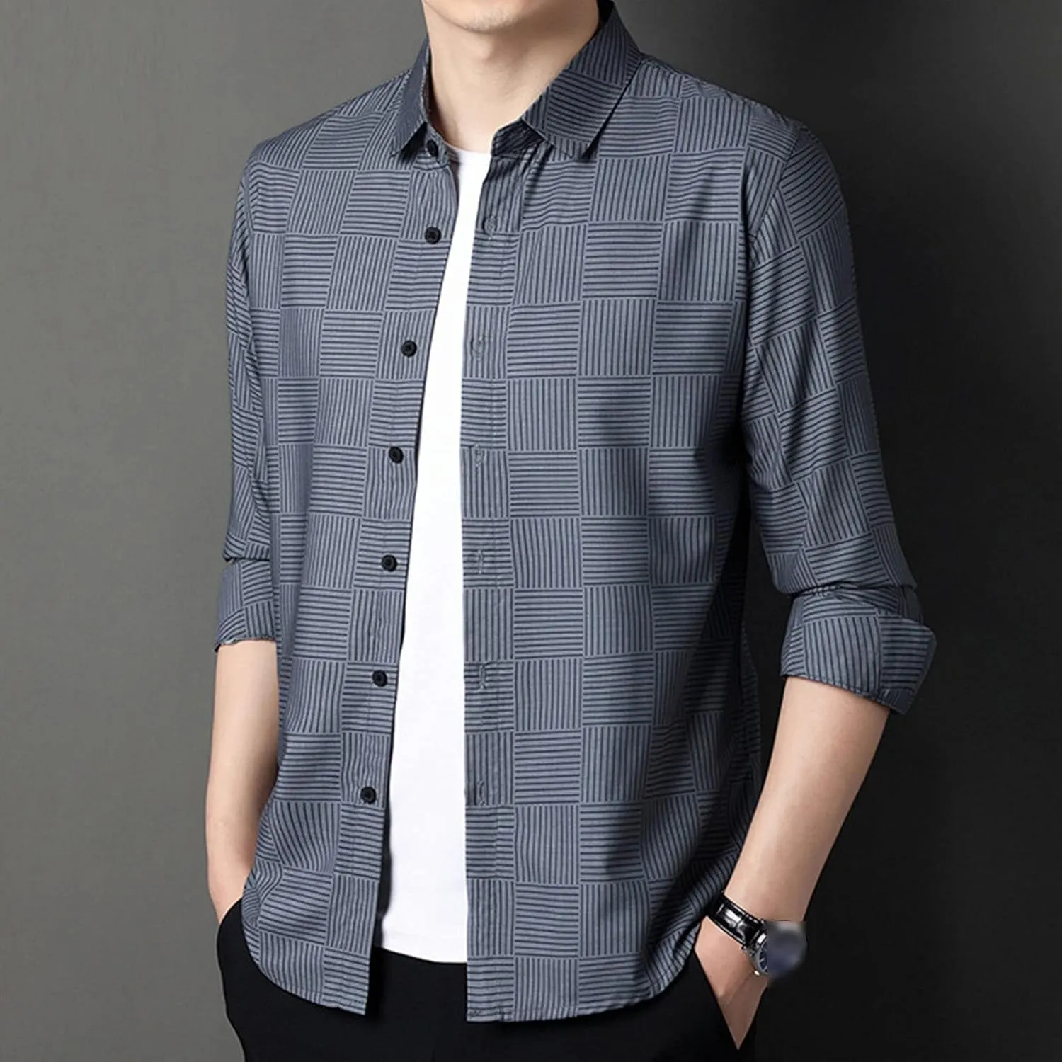 Men's Casual Striped Thin Ice Silk Shirt Regular Fit Button Down Dress Shirt Beach Striped Shirt Collar Top