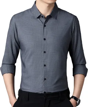 Men's Casual Striped Thin Ice Silk Shirt Regular Fit Button Down Dress Shirt Beach Striped Shirt Collar Top