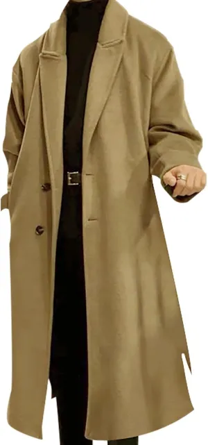Mens Casual Trench Coat Loose Fit Single Breasted Notched Collar Pea Coat Winter Overcoat Mid Long Jacket Wih Pockets