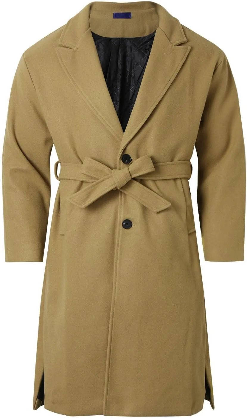 Mens Casual Trench Coat Loose Fit Single Breasted Notched Collar Pea Coat Winter Overcoat Mid Long Jacket Wih Pockets