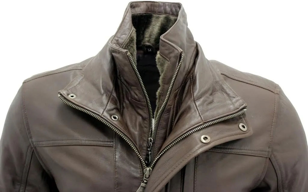 Mens Classic Warm Brown Leather Biker Jacket