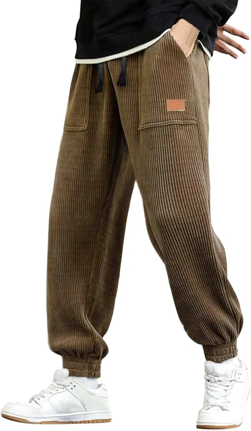 Mens Corduroy Joggers Pants Casual Cargo Pants Drawstring Elastic Waist Baggy Tapered Slacks Sweatpants with Pockets