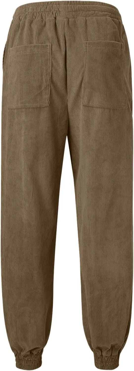 Mens Corduroy Joggers Pants Casual Cargo Pants Drawstring Elastic Waist Baggy Tapered Slacks Sweatpants with Pockets