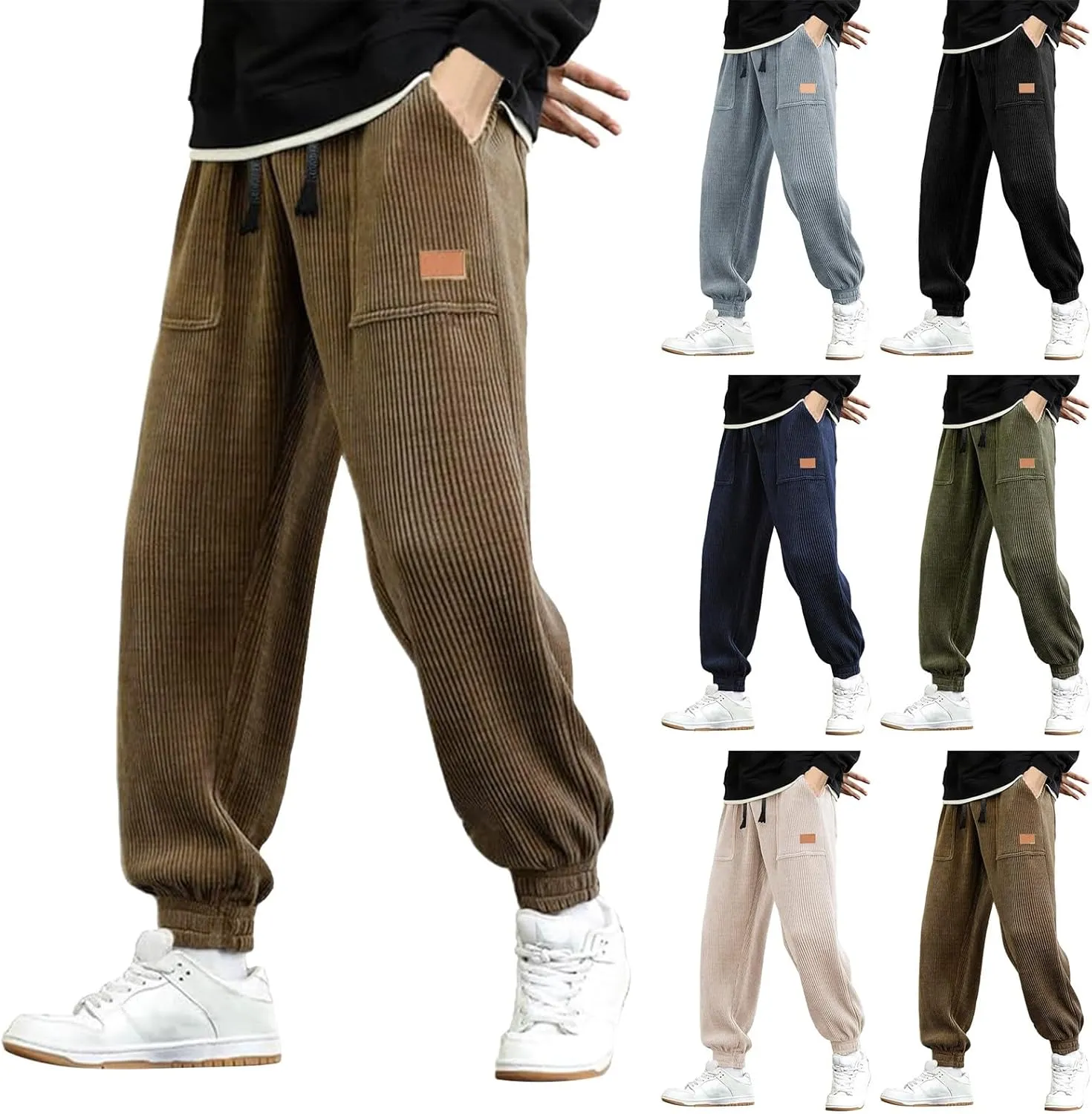 Mens Corduroy Joggers Pants Casual Cargo Pants Drawstring Elastic Waist Baggy Tapered Slacks Sweatpants with Pockets