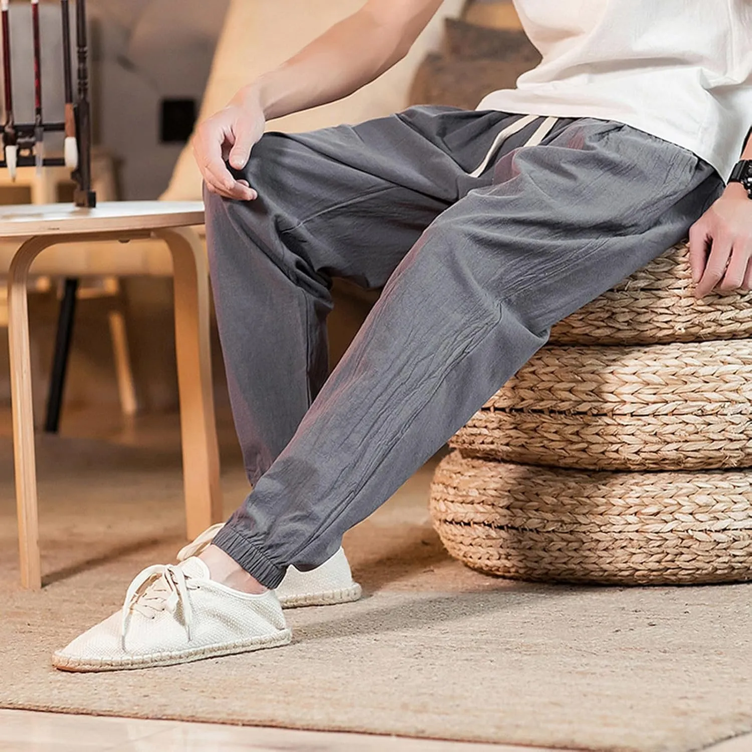 Mens Cotton Linen Beach Pants Elastic Waist Joggers Drawstring Lounge Pants Lightweight Tapered Pants Casual Trousers