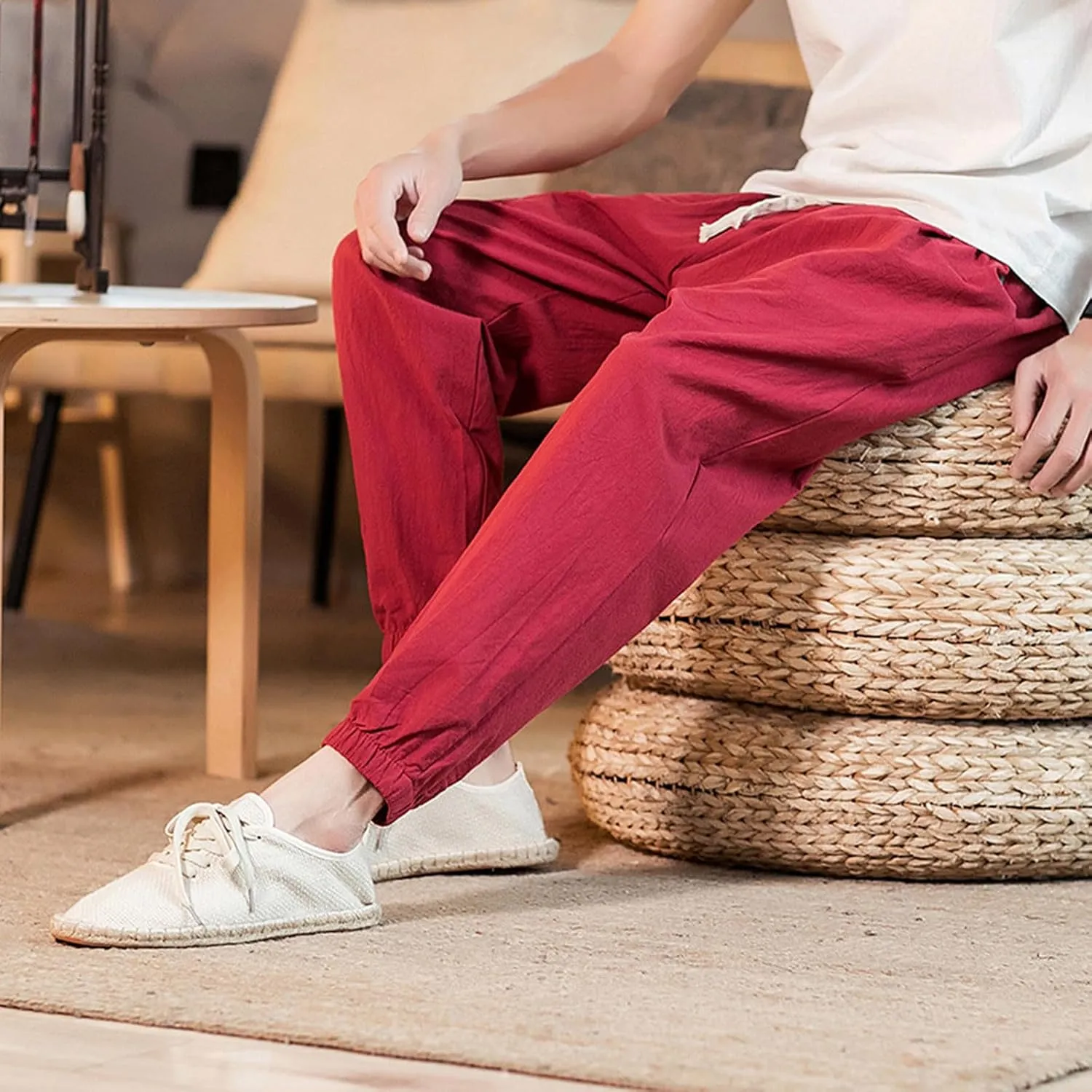 Mens Cotton Linen Beach Pants Elastic Waist Joggers Drawstring Lounge Pants Lightweight Tapered Pants Casual Trousers