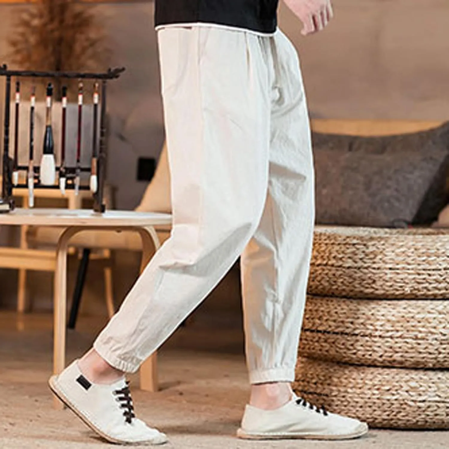 Mens Cotton Linen Beach Pants Elastic Waist Joggers Drawstring Lounge Pants Lightweight Tapered Pants Casual Trousers